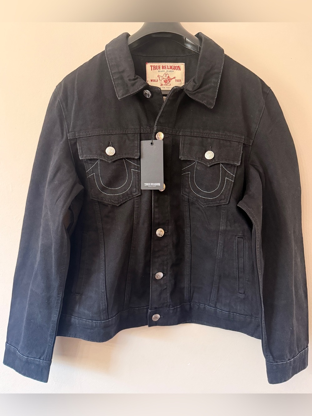 True Religion Men’s Black Denim Trucker Jacket with Signature Stitch(brand new)